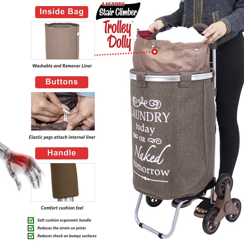 dbest products Stair Climber Laundry Trolley Dolly, Brown Laundry Bag Hamper Basket cart with wheels sorter - Image 3